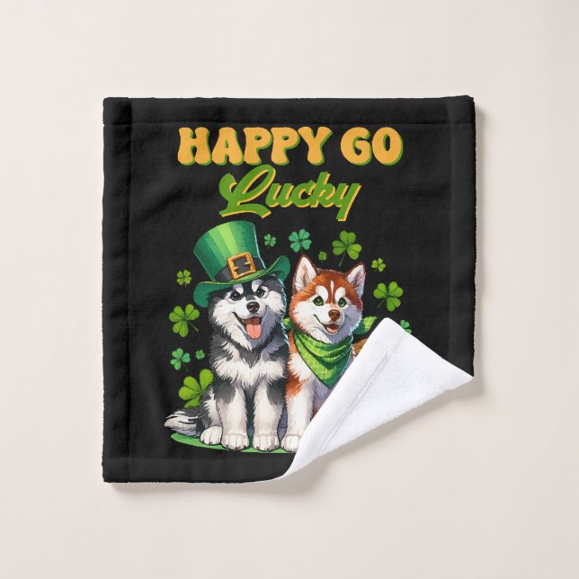 Happy Go Lucky Cute Husky St. Patricks Day Wash Cloth (Wash Cloth)