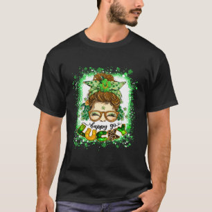 Happy go Lucky Messy Bun Girl Irish St Patricks Da T-Shirt
