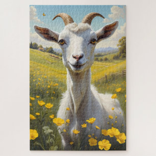 Happy Goat Vibrant Buttercup Meadow Jigsaw Puzzle