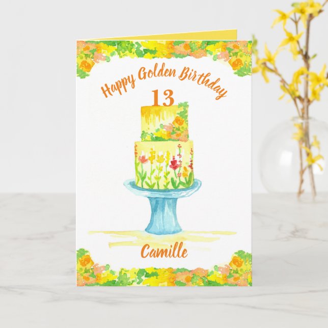 Happy Golden Birthday Cake Custom Name Yellow Card (Yellow Flower)