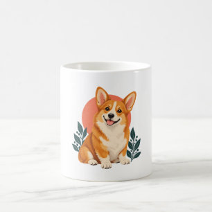 Happy Golden Corgi with Coral Sun and Teal Leaves Coffee Mug
