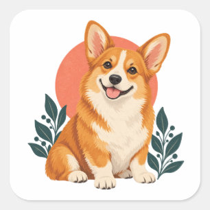 Happy Golden Corgi with Coral Sun and Teal Leaves Square Sticker