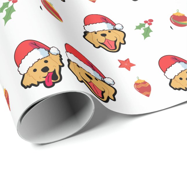 Happy Golden retriever Dog And Santa Hat Christmas Wrapping Paper (Roll Corner)