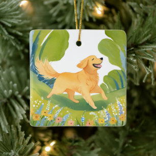 Happy Golden Retriever Dog Watercolor Ceramic Ornament