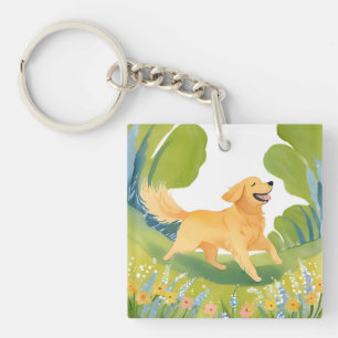 Happy Golden Retriever   Dog Watercolor Key Ring