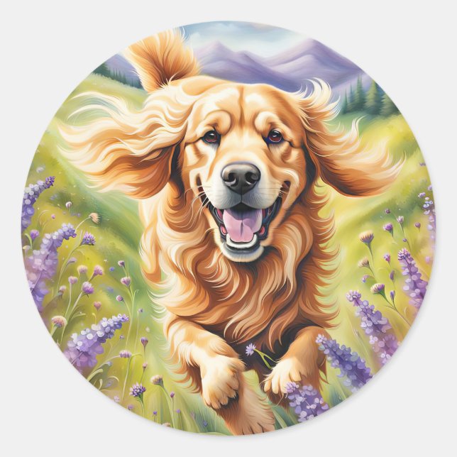 Happy Golden Retriever In Lavender Field Classic Round Sticker (Front)