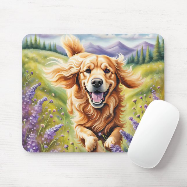 Happy Golden Retriever In Lavender Field Mouse Mat (With Mouse)