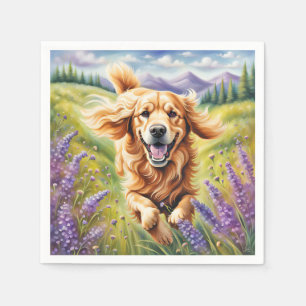 Happy Golden Retriever In Lavender Field Napkin