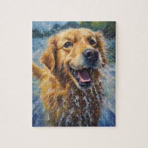 Happy Golden Retriever In Water Jigsaw Puzzle