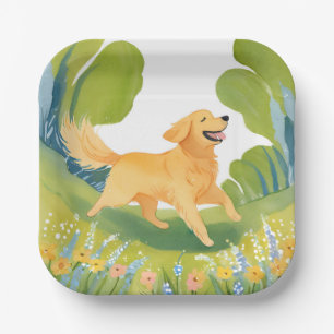 Happy Golden Retriever Light Watercolor Dog Paper Plate