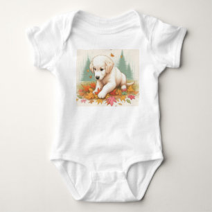 Happy Golden Retriever Puppy in Leaves Baby Bodysuit