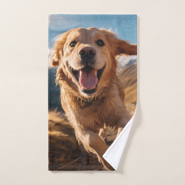 Happy Golden Retriever Running  Hand Towel (Hand Towel)