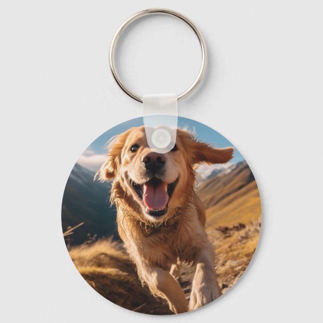 Happy Golden Retriever Running  Key Ring (Front)
