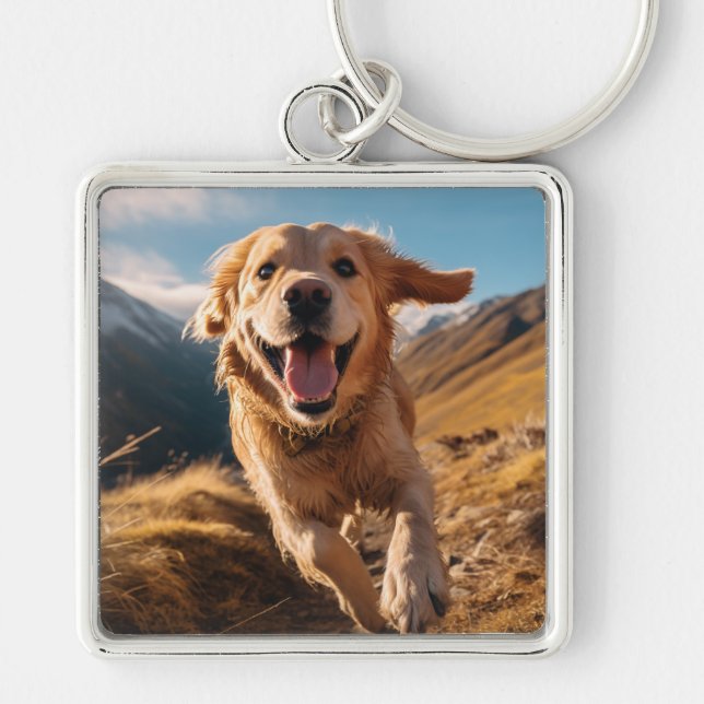 Happy Golden Retriever Running  Key Ring (Front)