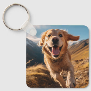 Happy Golden Retriever Running Key Ring