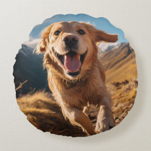 Happy Golden Retriever Running Round Cushion