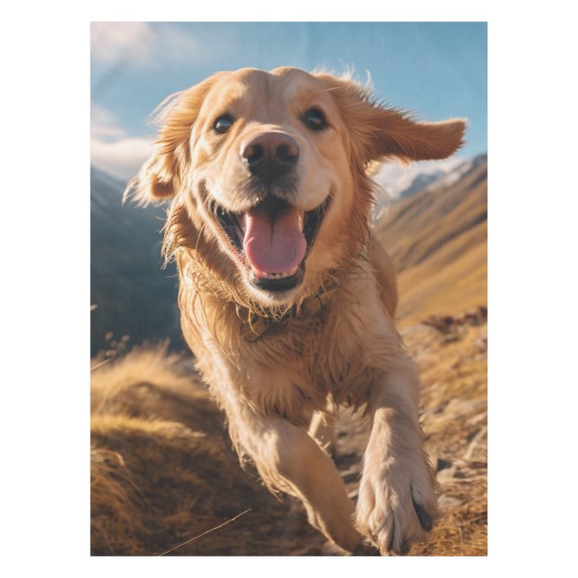 Happy Golden Retriever Running  Tablecloth (Front)