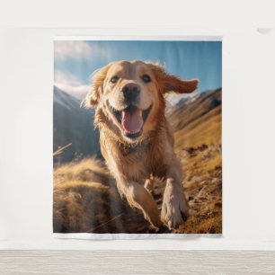 Happy Golden Retriever Running Tapestry