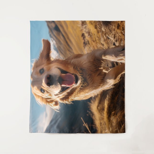 Happy Golden Retriever Running  Tapestry (Front)