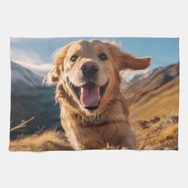 Happy Golden Retriever Running  Tea Towel (Horizontal)