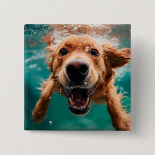 Happy Golden Retriever Swimming Underwater 15 Cm Square Badge