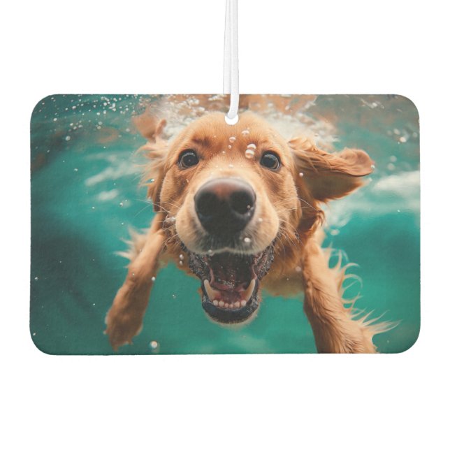 Happy Golden Retriever Swimming Underwater Car Air Freshener (Front)