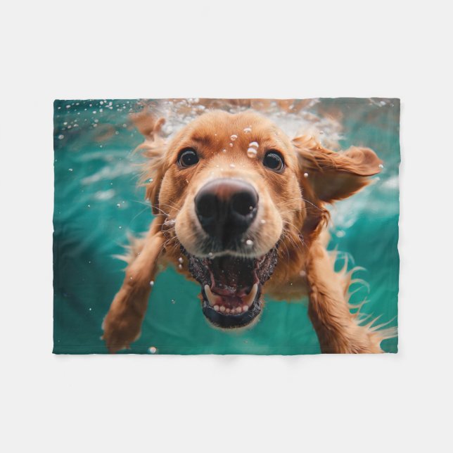Happy Golden Retriever Swimming Underwater Fleece Blanket (Front (Horizontal))