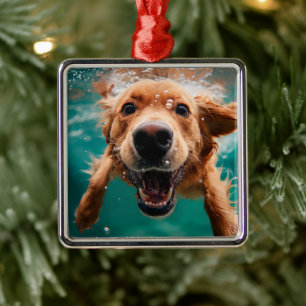 Happy Golden Retriever Swimming Underwater Metal Tree Decoration