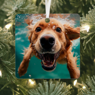 Happy Golden Retriever Swimming Underwater Metal Tree Decoration