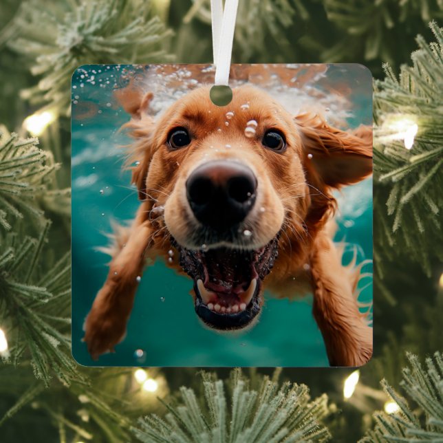 Happy Golden Retriever Swimming Underwater Metal Tree Decoration (Insitu)
