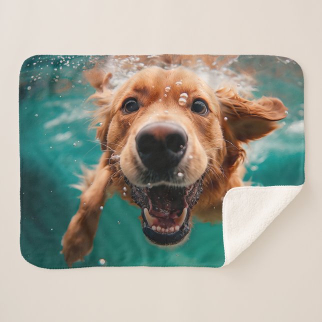Happy Golden Retriever Swimming Underwater Sherpa Blanket (Front (Horizontal))