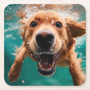 Happy Golden Retriever Swimming Underwater Square Paper Coaster