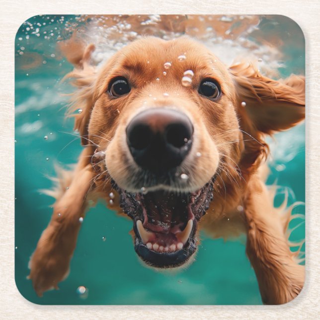 Happy Golden Retriever Swimming Underwater Square Paper Coaster (Front)