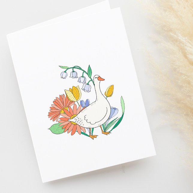 Happy Goose in Flowers Blank Thank You Card (Creator Uploaded)