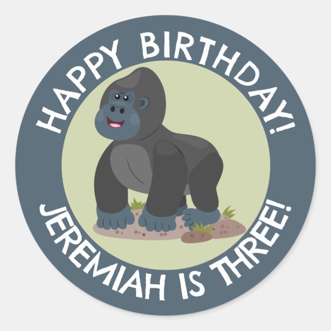 Happy gorilla personalised cartoon birthday  classic round sticker (Front)