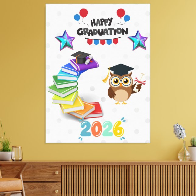 Happy Graduation 2026 - Cute Owl & Books  Canvas Print (Insitu(LivingRoom))