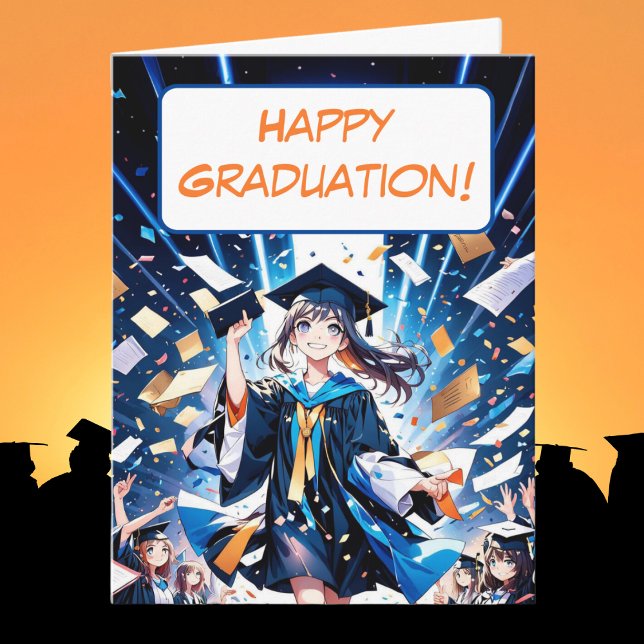 Happy Graduation Anime Girl In Cap And Gown Card (Happy Graduation Anime!! Celebrate in style!)