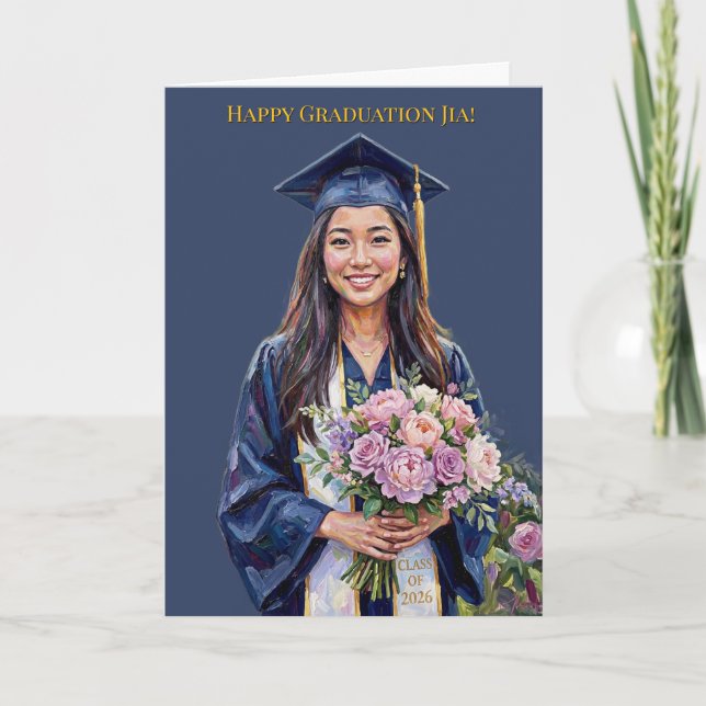  Happy Graduation Floral Asian Woman Graduation Card (Front)