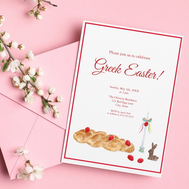 Happy Greek Easter Watercolor Food Invitation (Greek Invitation with traditional greek bread.)