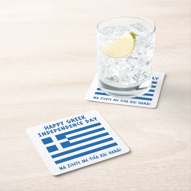 Happy Greek Independence Day Greek Flag Square Paper Coaster (Insitu)
