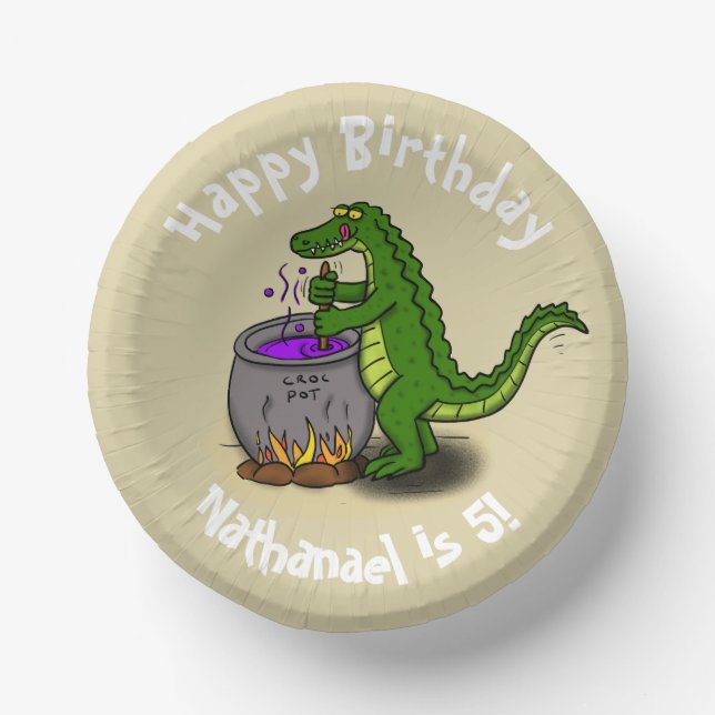 Happy green alligator cooking dinner cartoon paper plate (Front)
