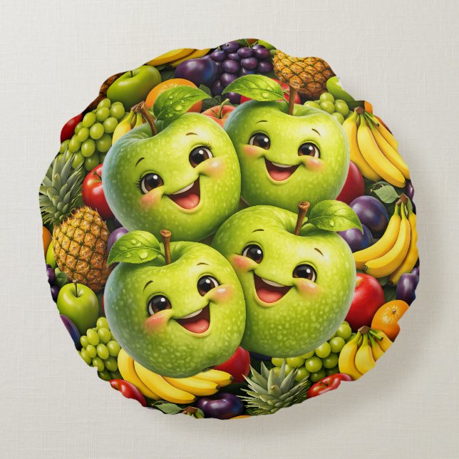 Happy green apples round cushion (Back)