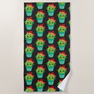 Happy Green Cactus in a Red Sombrero Pattern Beach Towel