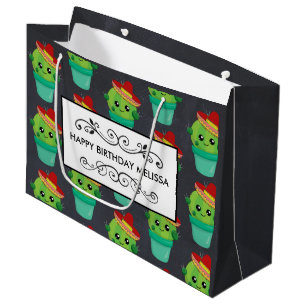 Happy Green Cactus in a Red Sombrero Pattern Large Gift Bag