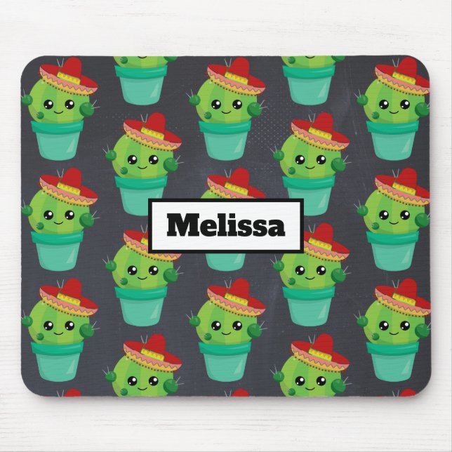 Happy Green Cactus in a Red Sombrero Pattern Mouse Mat (Front)