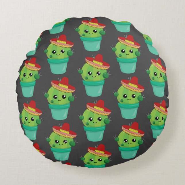 Happy Green Cactus in a Red Sombrero Pattern Round Cushion (Front)