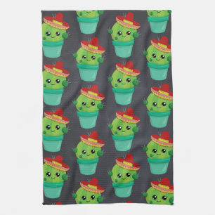 Happy Green Cactus in a Red Sombrero Pattern Tea Towel