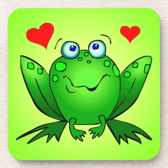 Happy Green Cartoon Frog Love Hearts Coaster (Front)
