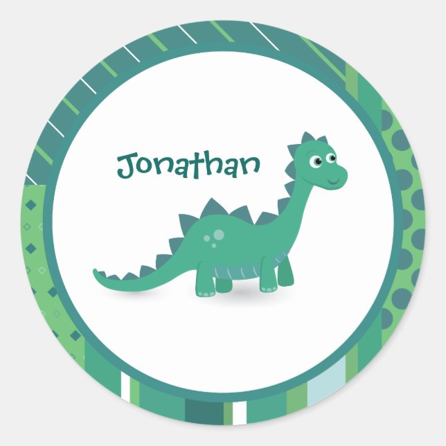 Happy green dinosaur custom name birthday boy classic round sticker (Front)