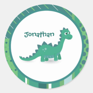 Happy green dinosaur custom name birthday boy classic round sticker